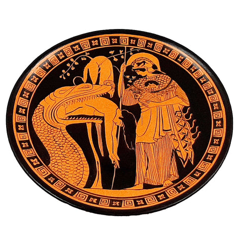 Greek Plate 24cm,Red Figure Pottery,shows Jason disgorged by the monster and Goddess Athena