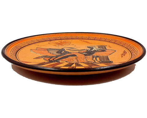 Greek Plate 28cm diameter, Orange background,God Zeus as swan seduces Leda - ifigeneiaceramics