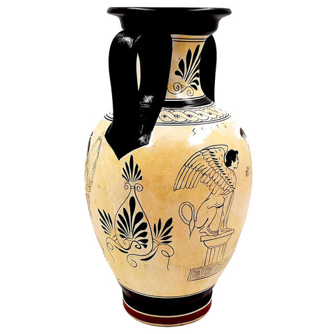 Greek Pottery Amphora 26cm,Attic White Ground,Oedipus and Sphinx,God Dionysus - ifigeneiaceramics
