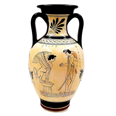 Greek Pottery Amphora 26cm,Attic White Ground,Oedipus and Sphinx,God Dionysus - ifigeneiaceramics