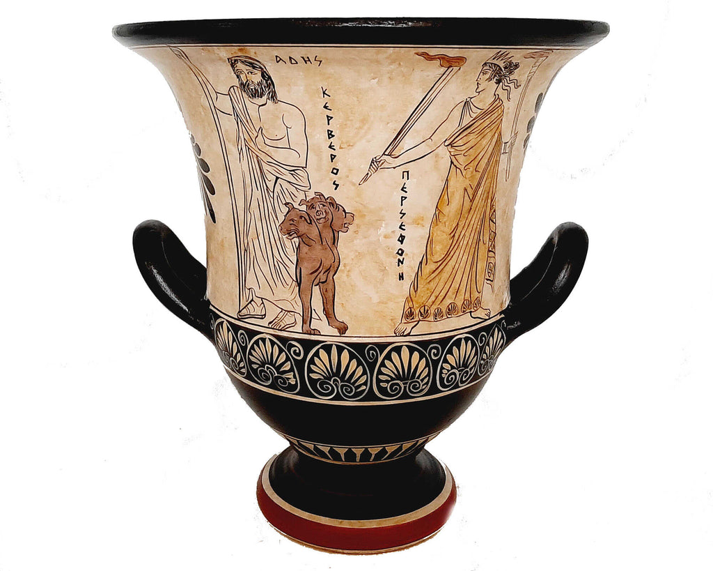Greek Pottery Krater 26cm ,White Ground,Ades with Persephone,Perseus with Medusa - ifigeneiaceramics