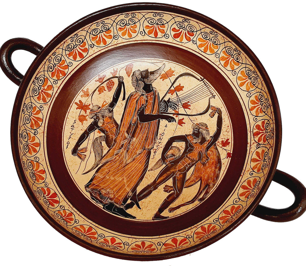 Greek Pottery  Kylix 31cm,God Dionysus with Satyrs - ifigeneiaceramics