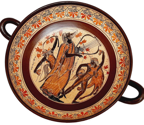 Greek Pottery  Kylix 31cm,God Dionysus with Satyrs - ifigeneiaceramics