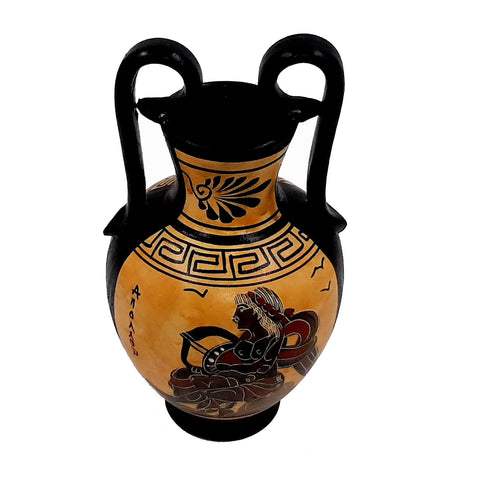 Greek Pottery Pot,Black Figure Amphora 16cm,Showing God Apollo - ifigeneiaceramics
