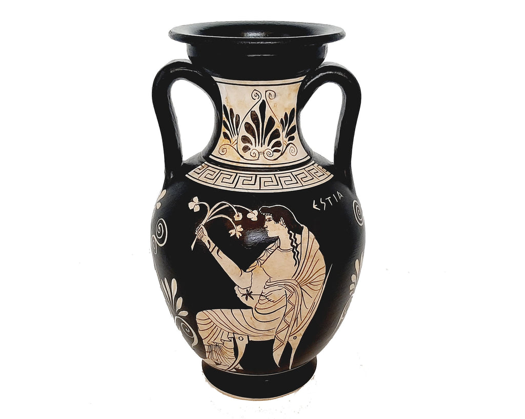 Greek Pottery Vase 22cm, white figure,Goddess Hestia and God Zeus