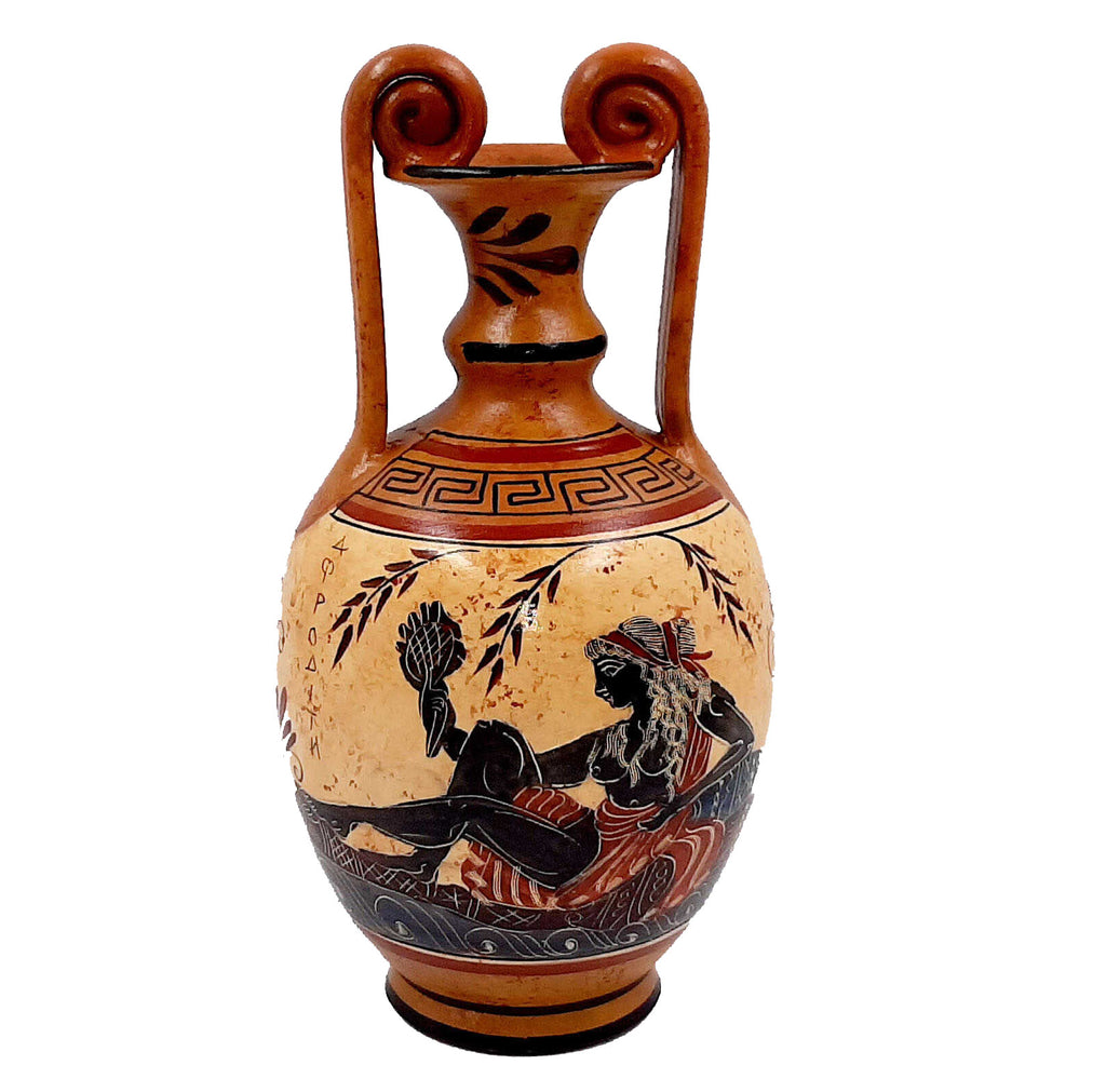 Greek Pottery Vase 24cm, Amphora with Brown shades, shows Goddess Aphrodite and Goddess Artemis - ifigeneiaceramics