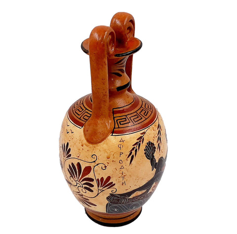 Greek Pottery Vase 24cm, Amphora with Brown shades, shows Goddess Aphrodite and Goddess Artemis - ifigeneiaceramics