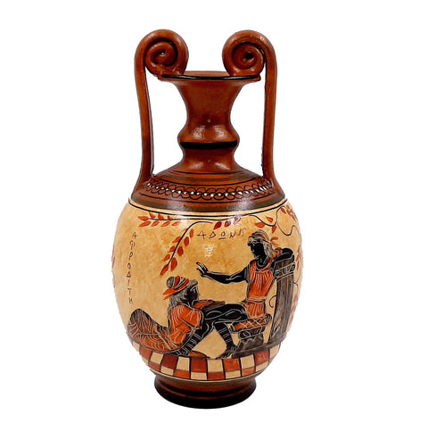 Greek Pottery Vase 24cm, Amphora with Brown shades, shows Goddess Aphrodite with Adonis