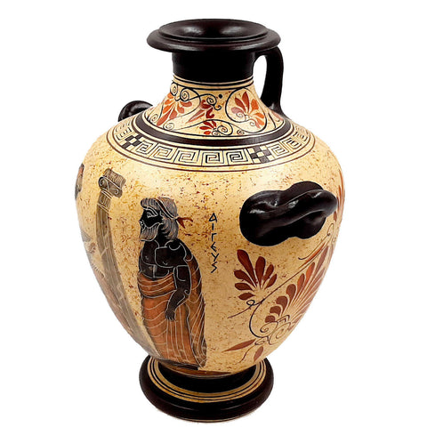 Greek Pottery Vase,3 Handle Hydria 26cm ,Aegeus with Pythia,Oedipus and the Sphinx - ifigeneiaceramics