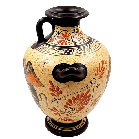Greek Pottery Vase,3 Handle Hydria 26cm ,Aegeus with Pythia,Oedipus and the Sphinx - ifigeneiaceramics