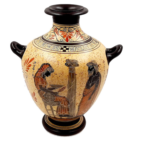 Greek Pottery Vase,3 Handle Hydria 26cm ,Aegeus with Pythia,Oedipus and the Sphinx - ifigeneiaceramics