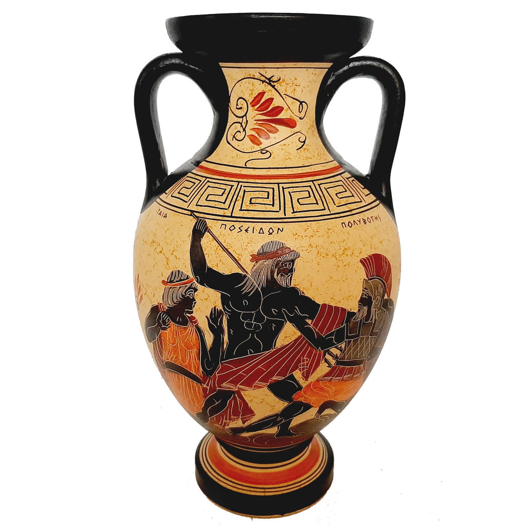 Greek Pottery vase Amphora 26cm,God Poseidon with Giant Polybotes - ifigeneiaceramics