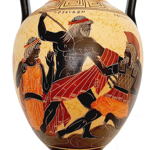 Greek Pottery vase Amphora 26cm,God Poseidon with Giant Polybotes - ifigeneiaceramics