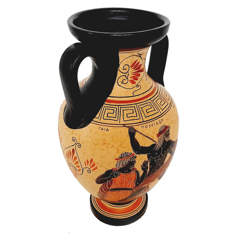 Greek Pottery vase Amphora 26cm,God Poseidon with Giant Polybotes - ifigeneiaceramics