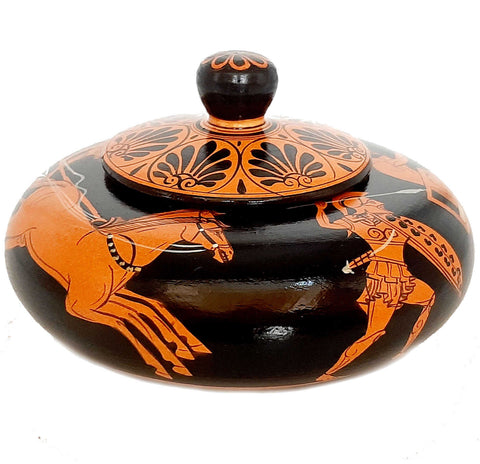 Greek Pyxis 14cm, Red Figure Pottery shows Chariot races