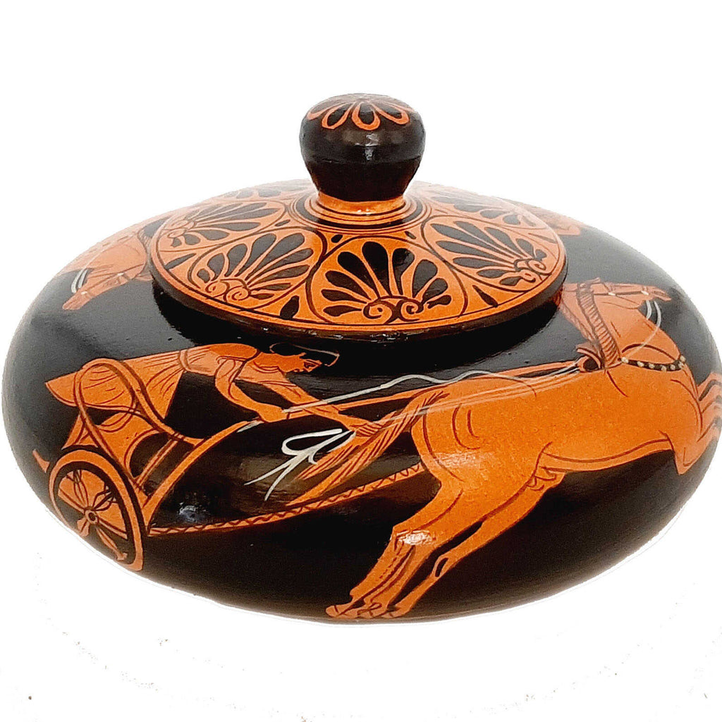 Greek Pyxis 14cm, Red Figure Pottery shows Chariot races