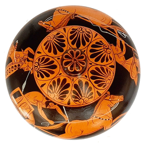 Greek Pyxis 14cm, Red Figure Pottery shows Chariot races