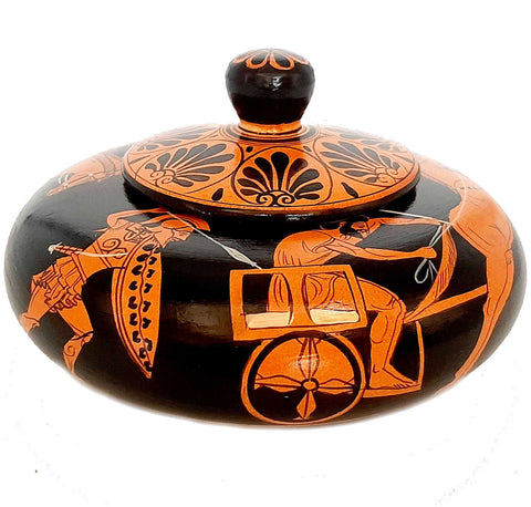 Greek Pyxis 14cm, Red Figure Pottery shows Chariot races
