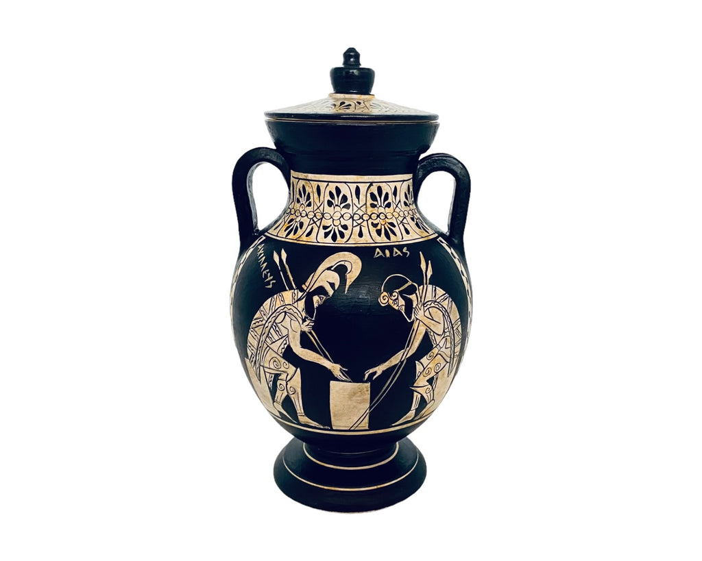 Greek Vase Amphora with lid,Ajax and Achilles,White figure Pottery 19cm
