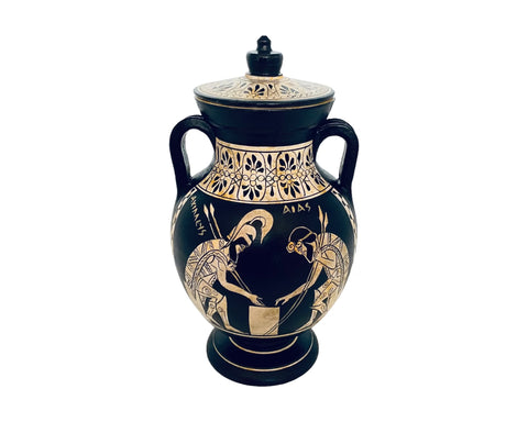 Greek Vase Amphora with lid,Ajax and Achilles,White figure Pottery 19cm