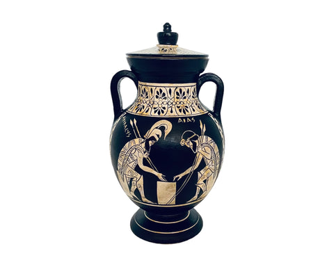 Greek Vase Amphora with lid,Ajax and Achilles,White figure Pottery 19cm