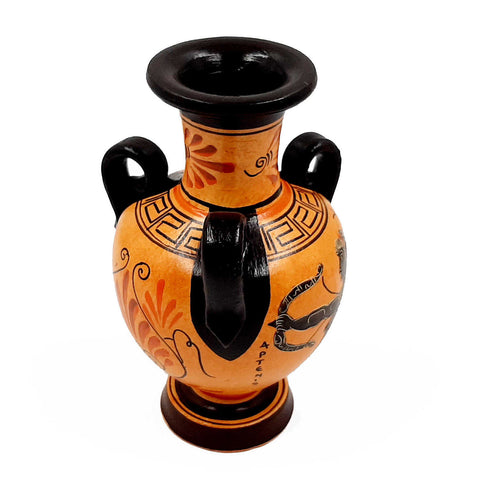 Greek Vase ,Amphora 17cm with 3 handles,shows God Apollo with Goddess Artemis - ifigeneiaceramics