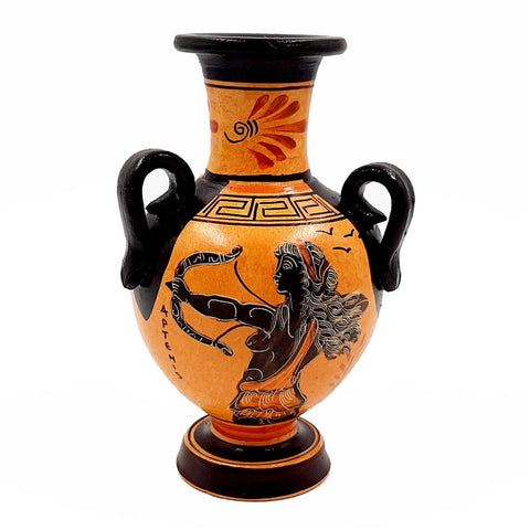 Greek Vase ,Amphora 17cm with 3 handles,shows God Apollo with Goddess Artemis - ifigeneiaceramics