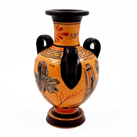 Greek Vase ,Amphora 17cm with 3 handles,shows God Apollo with Goddess Artemis - ifigeneiaceramics