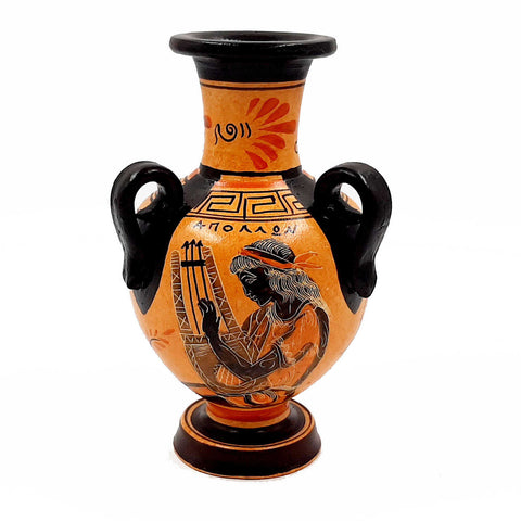 Greek Vase ,Amphora 17cm with 3 handles,shows God Apollo with Goddess Artemis - ifigeneiaceramics