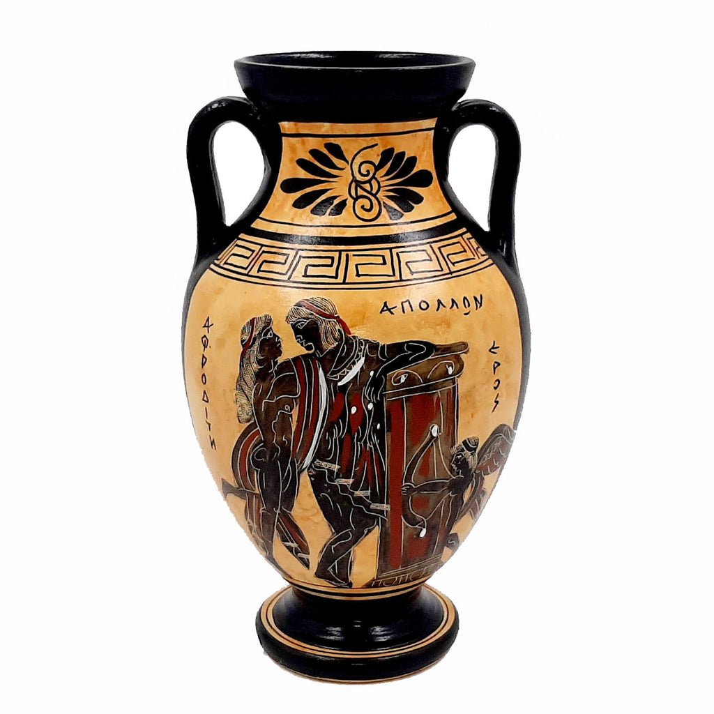 Greek amphora 22cm Black  figure  ,shows God  Apollo with Goddess Aphrodite and Goddess Athena - ifigeneiaceramics