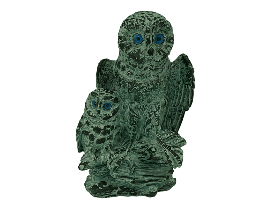 Owl with her baby Statue,Green Patina ,Plaster Sculpture 17cm