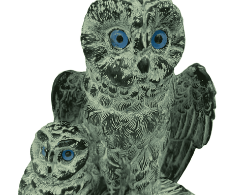 Owl with her baby Statue,Green Patina ,Plaster Sculpture 17cm