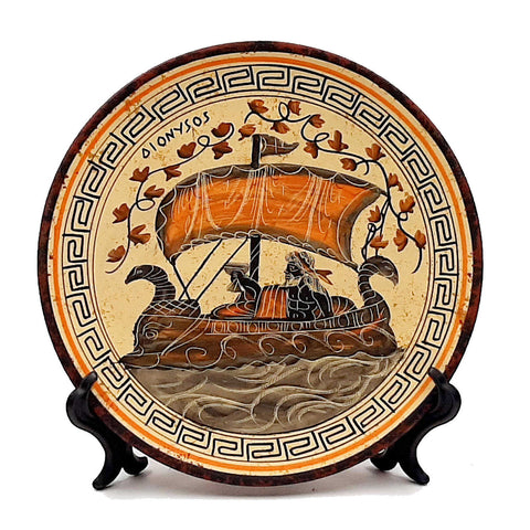 Plate 20cm,Ancient Greek pottery,Shows God Dionysus on Ship - ifigeneiaceramics
