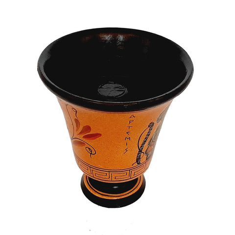 Pythagorean cup,Greedy Cup 11cm,Orange painting, shows Goddess Artemis - ifigeneiaceramics
