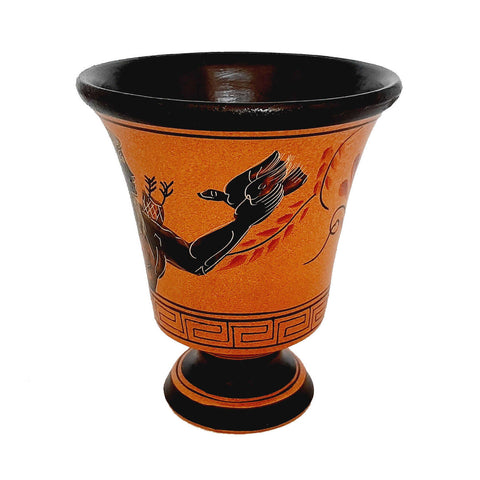 Pythagorean cup,Greedy Cup 11cm,Orange painting, shows Goddess Artemis - ifigeneiaceramics