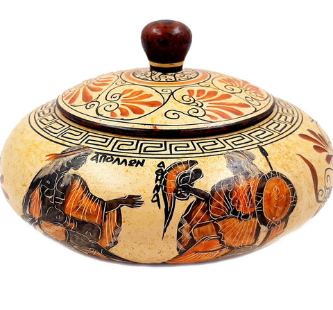 Pyxis 19cm ,Ancient Greek Art,shows God Apollo,Goddess  Artemis.Goddess Athena, Achilles - ifigeneiaceramics