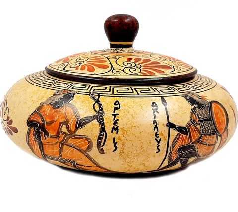Pyxis 19cm ,Ancient Greek Art,shows God Apollo,Goddess  Artemis.Goddess Athena, Achilles - ifigeneiaceramics