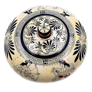 Pyxis 19cm ,Attic white Ground Pottery,shows Olympian Gods of Greek Mythology - ifigeneiaceramics