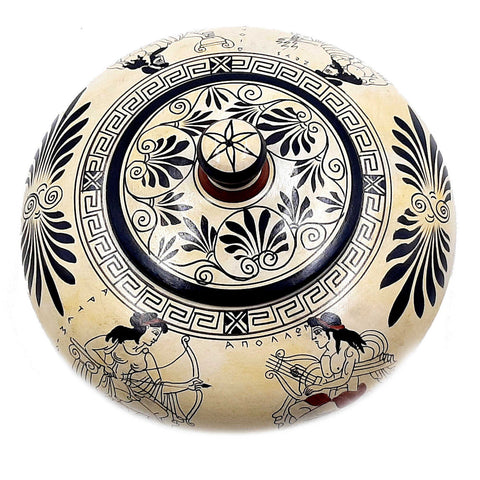 Pyxis 19cm ,Attic white Ground Pottery,shows Olympian Gods of Greek Mythology - ifigeneiaceramics