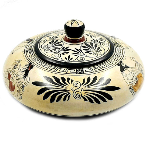 Pyxis 19cm ,Attic white Ground Pottery,shows Olympian Gods of Greek Mythology - ifigeneiaceramics