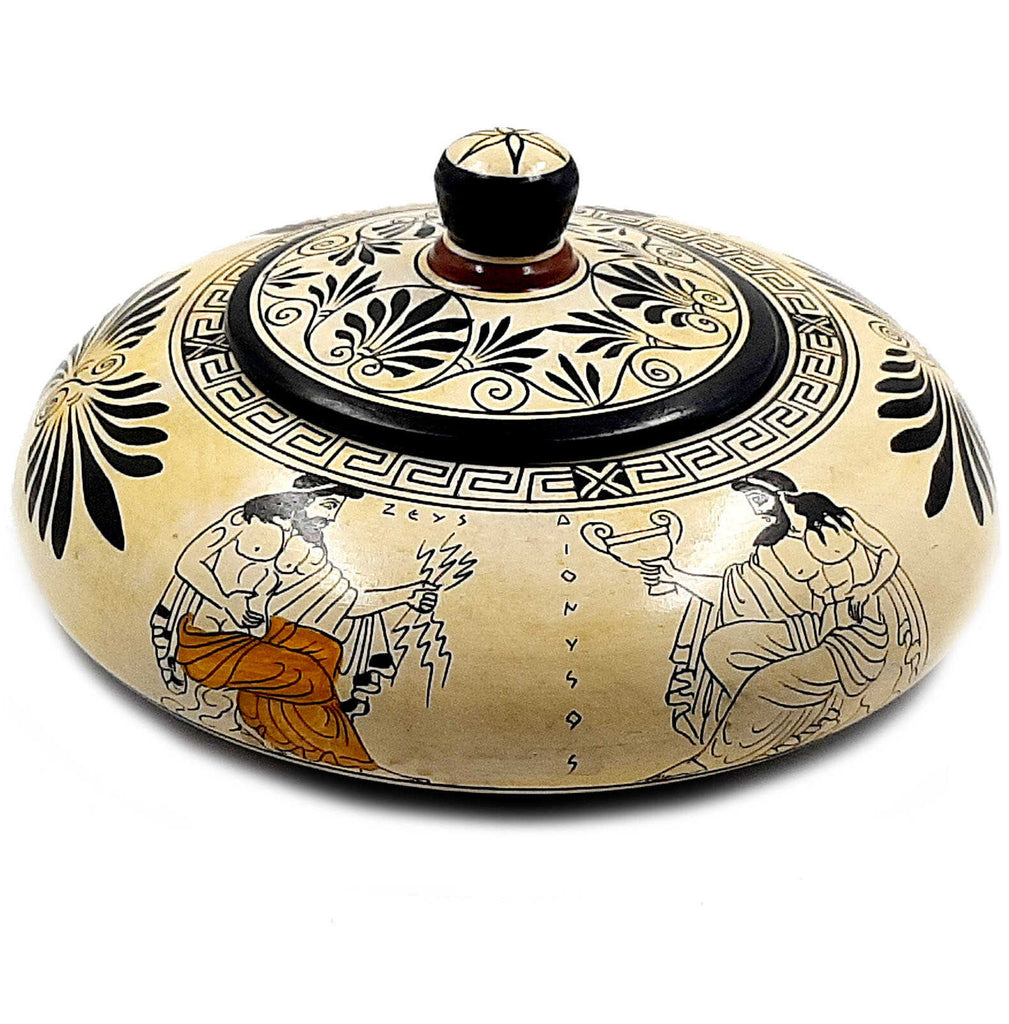 Pyxis 19cm ,Attic white Ground Pottery,shows Olympian Gods of Greek Mythology - ifigeneiaceramics