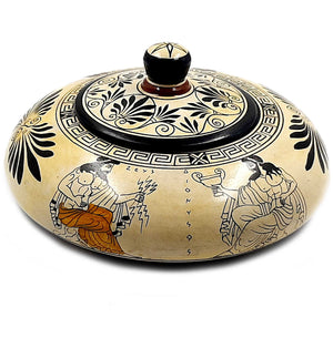 Pyxis 19cm ,Attic white Ground Pottery,shows Olympian Gods of Greek Mythology - ifigeneiaceramics