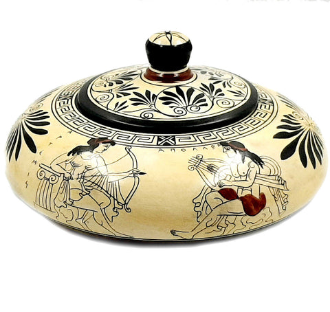 Pyxis 19cm ,Attic white Ground Pottery,shows Olympian Gods of Greek Mythology - ifigeneiaceramics