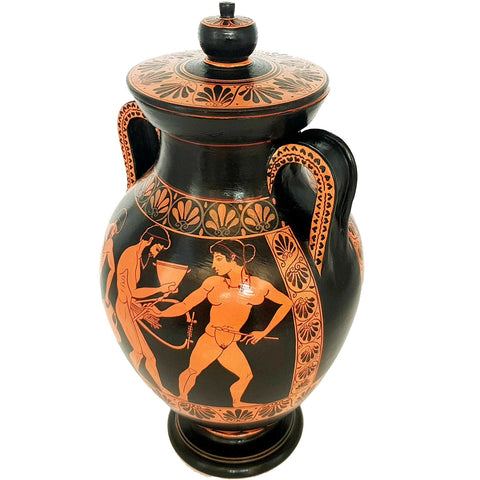 Red Figure Pottery,Museum Replica Amphora, Warrior leaving home - ifigeneiaceramics