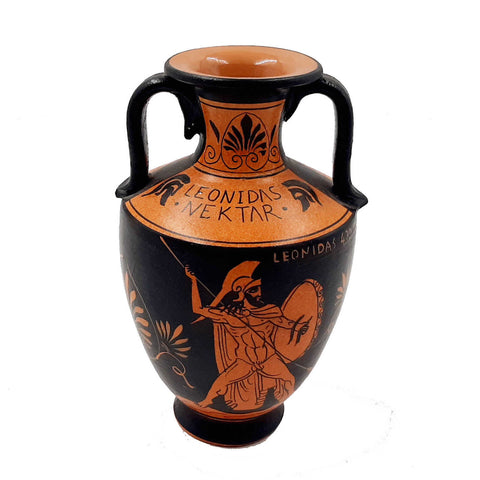 Red Figure Pottery Amphora 17cm Glazed,Leonidas in the battle - ifigeneiaceramics