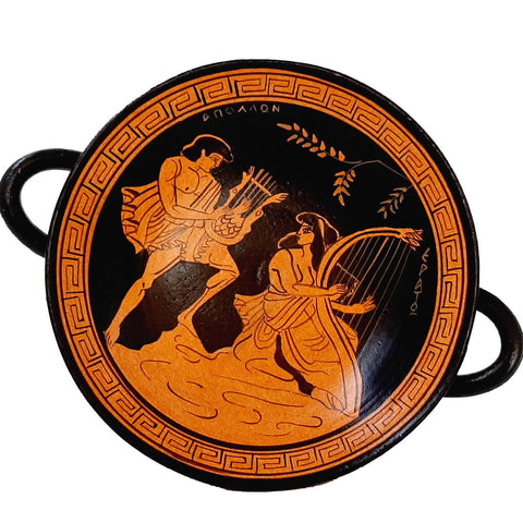 Red Figure Pottery Kylix 16cm,God Apollo with Erato - ifigeneiaceramics