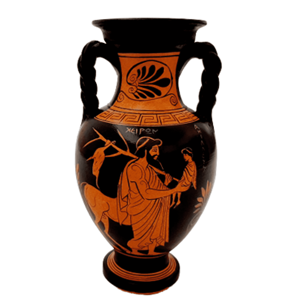 Red figure Amphora 22cm , shows Chiron and Achilles. - ifigeneiaceramics
