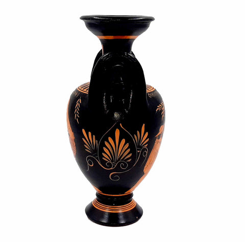 Red figure Vase,Amphora 22cm , shows Oedipus with Sphinx and Hercules with Nemean Lion - ifigeneiaceramics