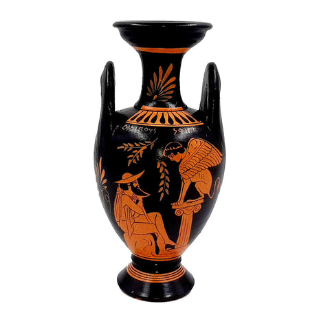Red figure Vase,Amphora 22cm , shows Oedipus with Sphinx and Hercules with Nemean Lion - ifigeneiaceramics