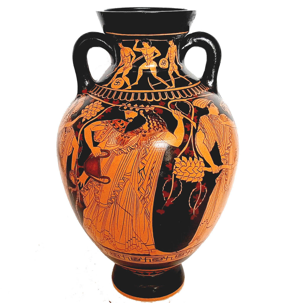 Red figure Panathenaic Amphora 31cm,God Dionysus with Manaed and Satyrs - ifigeneiaceramics